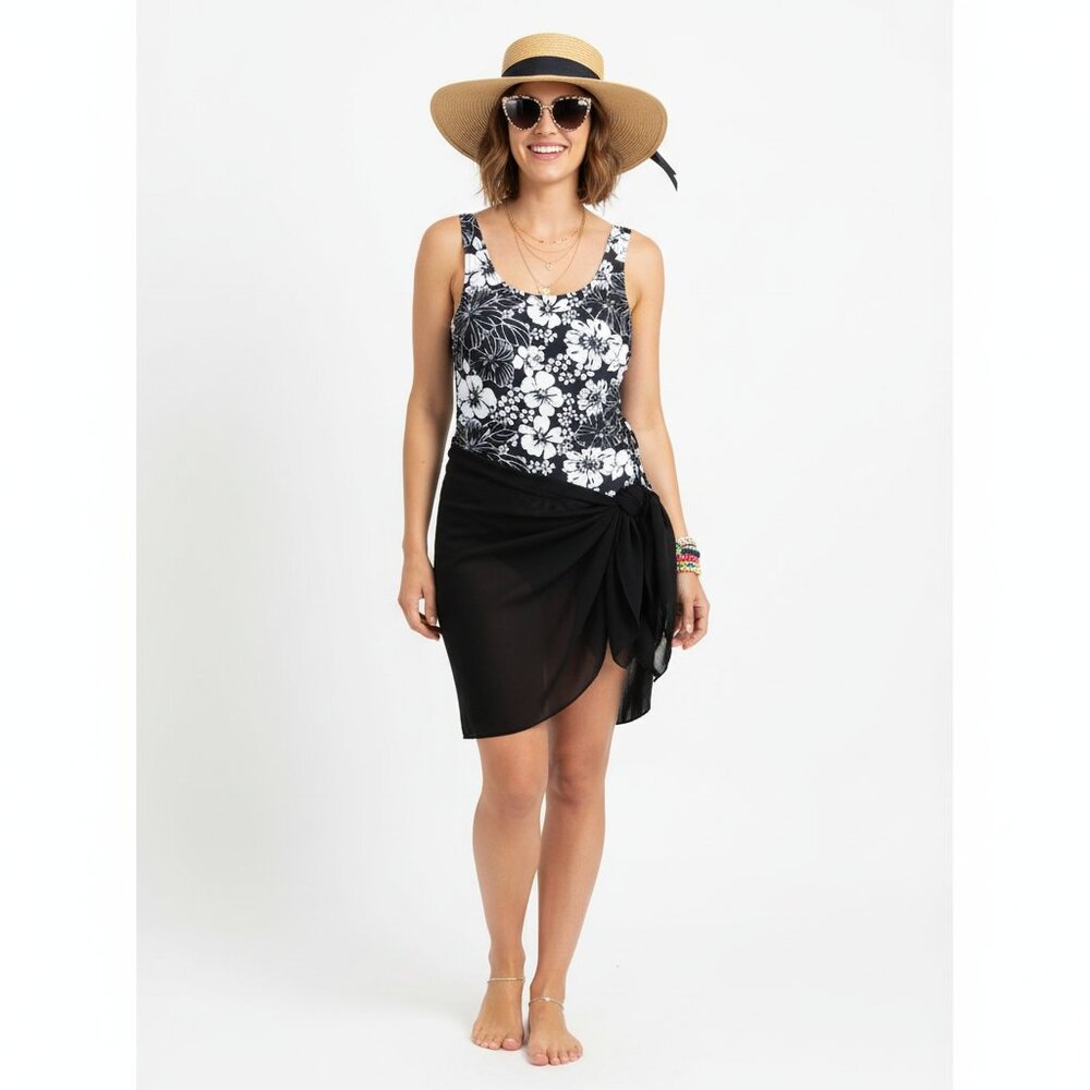 *Shore Shapes Black and White Tropical Floral Print One Piece Bathing Suit